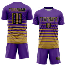Charger l'image dans la galerie, Custom Purple Black-Old Gold Gradient Pinstripe Sublimation Soccer Uniform Jersey