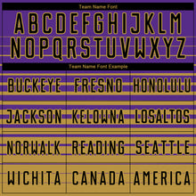 Charger l'image dans la galerie, Custom Purple Black-Old Gold Gradient Pinstripe Sublimation Soccer Uniform Jersey