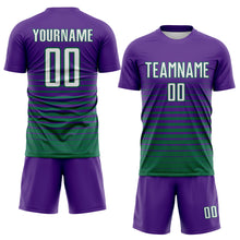 Laden Sie das Bild in den Galerie-Viewer, Custom Purple White-Kelly Green Gradient Pinstripe Sublimation Soccer Uniform Jersey