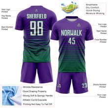 Laden Sie das Bild in den Galerie-Viewer, Custom Purple White-Kelly Green Gradient Pinstripe Sublimation Soccer Uniform Jersey