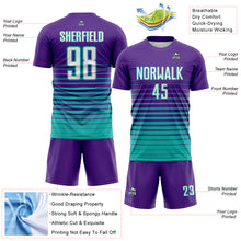 Load image into Gallery viewer, Custom Purple White-Aqua Gradient Pinstripe Sublimation Soccer Uniform Jersey