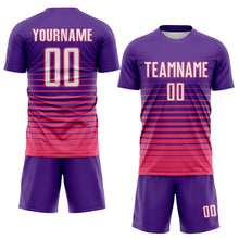 Загрузить изображение в средство просмотра галереи, Custom Purple White-Neon Pink Gradient Pinstripe Sublimation Soccer Uniform Jersey