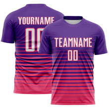 Загрузить изображение в средство просмотра галереи, Custom Purple White-Neon Pink Gradient Pinstripe Sublimation Soccer Uniform Jersey