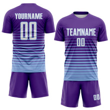Загрузить изображение в средство просмотра галереи, Custom Purple White-Light Blue Gradient Pinstripe Sublimation Soccer Uniform Jersey