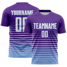 Загрузить изображение в средство просмотра галереи, Custom Purple White-Light Blue Gradient Pinstripe Sublimation Soccer Uniform Jersey