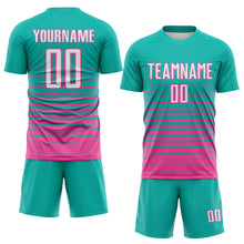 Загрузить изображение в средство просмотра галереи, Custom Aqua White-Pink Gradient Pinstripe Sublimation Soccer Uniform Jersey