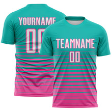 Загрузить изображение в средство просмотра галереи, Custom Aqua White-Pink Gradient Pinstripe Sublimation Soccer Uniform Jersey