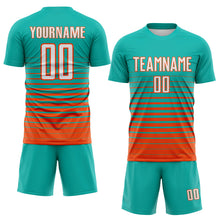 Load image into Gallery viewer, Custom Aqua White-Orange Gradient Pinstripe Sublimation Soccer Uniform Jersey