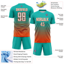 Load image into Gallery viewer, Custom Aqua White-Orange Gradient Pinstripe Sublimation Soccer Uniform Jersey