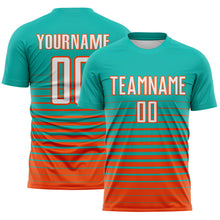 Load image into Gallery viewer, Custom Aqua White-Orange Gradient Pinstripe Sublimation Soccer Uniform Jersey