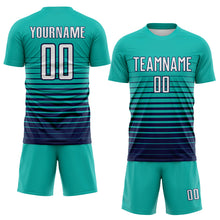 Load image into Gallery viewer, Custom Aqua White-Navy Gradient Pinstripe Sublimation Soccer Uniform Jersey