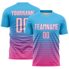 Load image into Gallery viewer, Custom Sky Blue White-Pink Gradient Pinstripe Sublimation Soccer Uniform Jersey