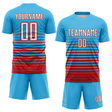 Laden Sie das Bild in den Galerie-Viewer, Custom Sky Blue White-Red Gradient Pinstripe Sublimation Soccer Uniform Jersey