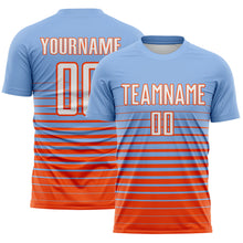 Load image into Gallery viewer, Custom Light Blue White-Orange Gradient Pinstripe Sublimation Soccer Uniform Jersey
