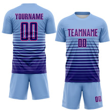 Load image into Gallery viewer, Custom Light Blue Dark Purple-Pink Gradient Pinstripe Sublimation Soccer Uniform Jersey