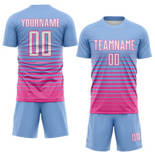 Laden Sie das Bild in den Galerie-Viewer, Custom Light Blue White-Pink Gradient Pinstripe Sublimation Soccer Uniform Jersey