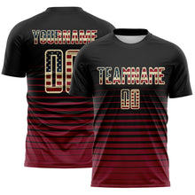 Laden Sie das Bild in den Galerie-Viewer, Custom Black Vintage USA Flag Cream-Crimson Gradient Pinstripe Sublimation Soccer Uniform Jersey