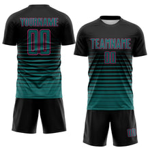 Load image into Gallery viewer, Custom Black Teal-Pink Gradient Pinstripe Sublimation Soccer Uniform Jersey