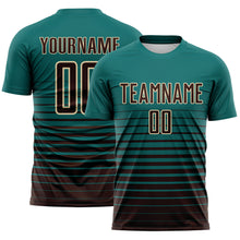 Загрузить изображение в средство просмотра галереи, Custom Teal Brown-Cream Gradient Pinstripe Sublimation Soccer Uniform Jersey