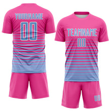 Load image into Gallery viewer, Custom Pink Light Blue-White Gradient Pinstripe Sublimation Soccer Uniform Jersey