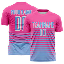 Load image into Gallery viewer, Custom Pink Light Blue-White Gradient Pinstripe Sublimation Soccer Uniform Jersey