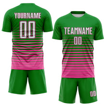 Laden Sie das Bild in den Galerie-Viewer, Custom Grass Green White Pink-Black Gradient Pinstripe Sublimation Soccer Uniform Jersey