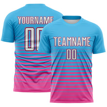 Загрузить изображение в средство просмотра галереи, Custom Sky Blue White Pink-Black Gradient Pinstripe Sublimation Soccer Uniform Jersey