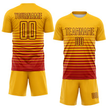 Laden Sie das Bild in den Galerie-Viewer, Custom Gold Red-Black Gradient Pinstripe Sublimation Soccer Uniform Jersey