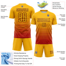 Laden Sie das Bild in den Galerie-Viewer, Custom Gold Red-Black Gradient Pinstripe Sublimation Soccer Uniform Jersey