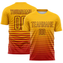 Laden Sie das Bild in den Galerie-Viewer, Custom Gold Red-Black Gradient Pinstripe Sublimation Soccer Uniform Jersey