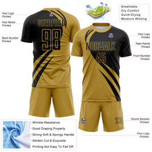 Laden Sie das Bild in den Galerie-Viewer, Custom Old Gold Black Diagonal Streamline Color Block Swirl Curve Lines Sublimation Soccer Uniform Jersey