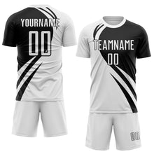 Load image into Gallery viewer, Custom White Black Diagonal Streamline Color Block Swirl Curve Lines Sublimation Soccer Uniform Jersey