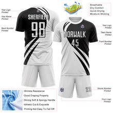 Load image into Gallery viewer, Custom White Black Diagonal Streamline Color Block Swirl Curve Lines Sublimation Soccer Uniform Jersey