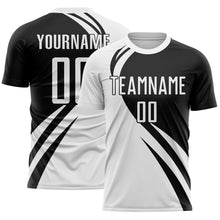 Load image into Gallery viewer, Custom White Black Diagonal Streamline Color Block Swirl Curve Lines Sublimation Soccer Uniform Jersey