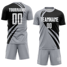 Load image into Gallery viewer, Custom Gray White-Black Diagonal Streamline Color Block Swirl Curve Lines Sublimation Soccer Uniform Jersey