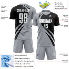 Load image into Gallery viewer, Custom Gray White-Black Diagonal Streamline Color Block Swirl Curve Lines Sublimation Soccer Uniform Jersey