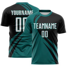 Загрузить изображение в средство просмотра галереи, Custom Teal White-Black Diagonal Streamline Color Block Swirl Curve Lines Sublimation Soccer Uniform Jersey