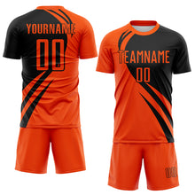 Load image into Gallery viewer, Custom Orange Black Diagonal Streamline Color Block Swirl Curve Lines Sublimation Soccer Uniform Jersey