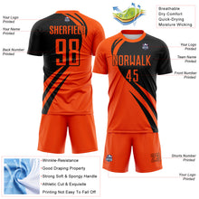 Load image into Gallery viewer, Custom Orange Black Diagonal Streamline Color Block Swirl Curve Lines Sublimation Soccer Uniform Jersey