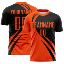 Load image into Gallery viewer, Custom Orange Black Diagonal Streamline Color Block Swirl Curve Lines Sublimation Soccer Uniform Jersey