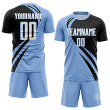 Laden Sie das Bild in den Galerie-Viewer, Custom Light Blue White-Black Diagonal Streamline Color Block Swirl Curve Lines Sublimation Soccer Uniform Jersey