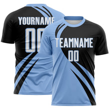 Laden Sie das Bild in den Galerie-Viewer, Custom Light Blue White-Black Diagonal Streamline Color Block Swirl Curve Lines Sublimation Soccer Uniform Jersey