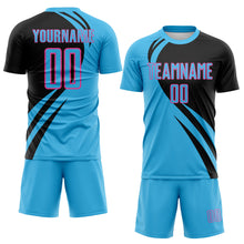 Laden Sie das Bild in den Galerie-Viewer, Custom Sky Blue Pink-Black Diagonal Streamline Color Block Swirl Curve Lines Sublimation Soccer Uniform Jersey