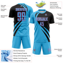 Laden Sie das Bild in den Galerie-Viewer, Custom Sky Blue Pink-Black Diagonal Streamline Color Block Swirl Curve Lines Sublimation Soccer Uniform Jersey