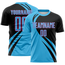 Laden Sie das Bild in den Galerie-Viewer, Custom Sky Blue Pink-Black Diagonal Streamline Color Block Swirl Curve Lines Sublimation Soccer Uniform Jersey