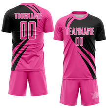 Load image into Gallery viewer, Custom Pink Black-White Diagonal Streamline Color Block Swirl Curve Lines Sublimation Soccer Uniform Jersey
