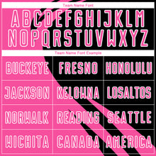 Load image into Gallery viewer, Custom Pink Black-White Diagonal Streamline Color Block Swirl Curve Lines Sublimation Soccer Uniform Jersey