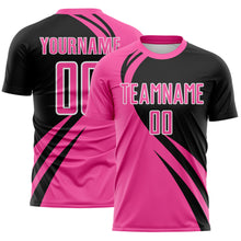Load image into Gallery viewer, Custom Pink Black-White Diagonal Streamline Color Block Swirl Curve Lines Sublimation Soccer Uniform Jersey