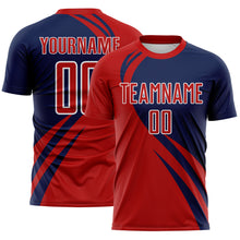 Load image into Gallery viewer, Custom Red Navy-White Diagonal Streamline Color Block Swirl Curve Lines Sublimation Soccer Uniform Jersey