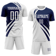 Load image into Gallery viewer, Custom White Navy Diagonal Streamline Color Block Swirl Curve Lines Sublimation Soccer Uniform Jersey